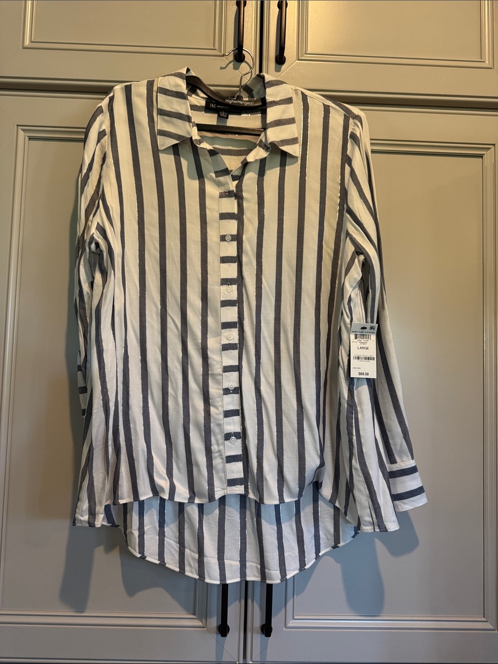 INC International Concepts White & Gray Vertical-Striped Button-Down Shirt